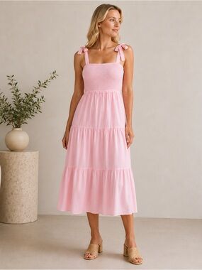 mi ami Light Pink Tie-Shoulder Tiered Maxi Dress